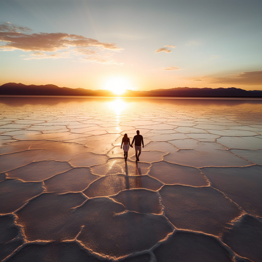 Couple at Bonneville Salt Flats during Sunrise with Water  ?