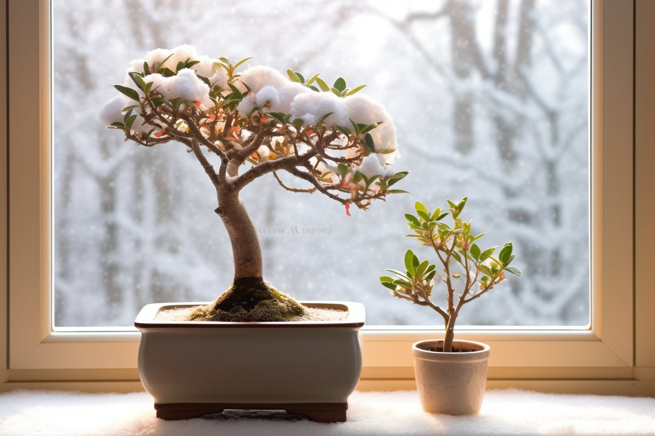 Bonsai Azalea Tree Snowy Window