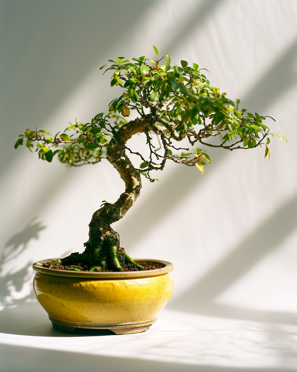 Beautiful bonsai tree in bright yellow pot