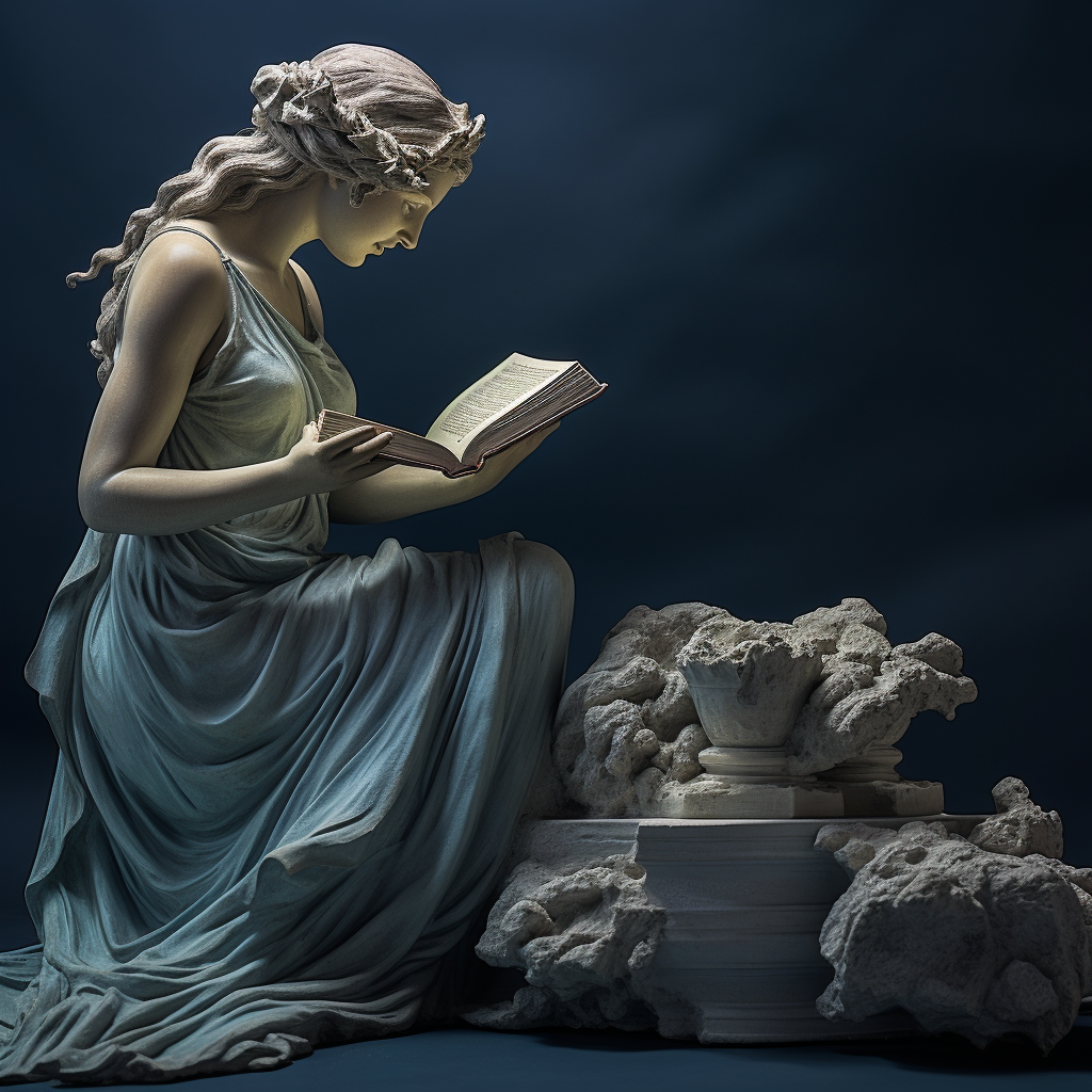 Woman carving book on stone as Greek goddess