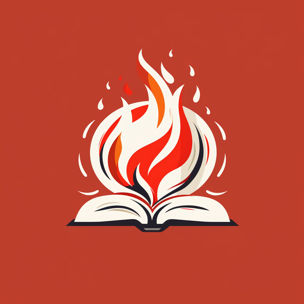 Logo design with book, person, and fire