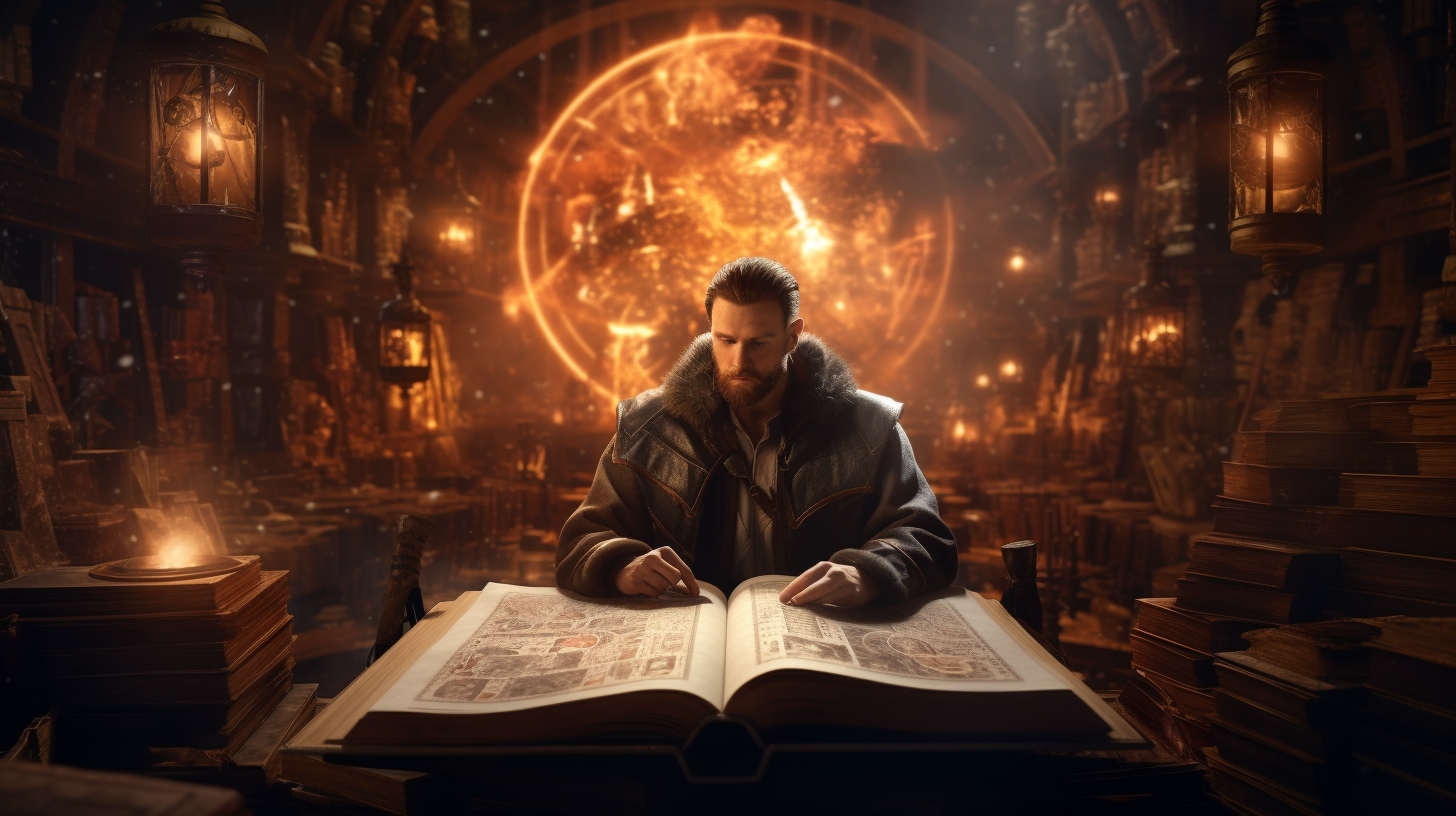 Man reading book surrounded by books in fantasy setting