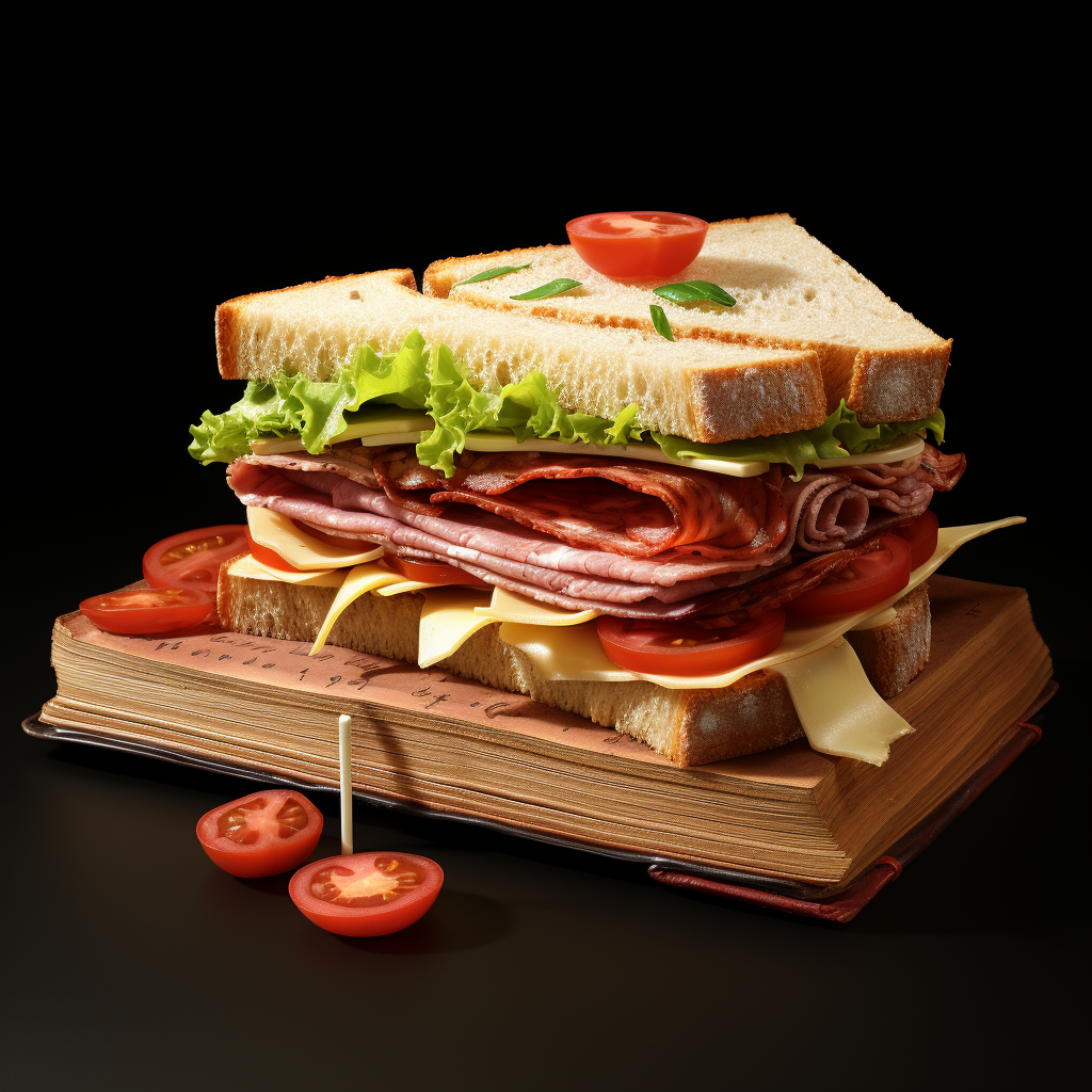 Tasty book sandwich with tomato, lettuce, and pastrami