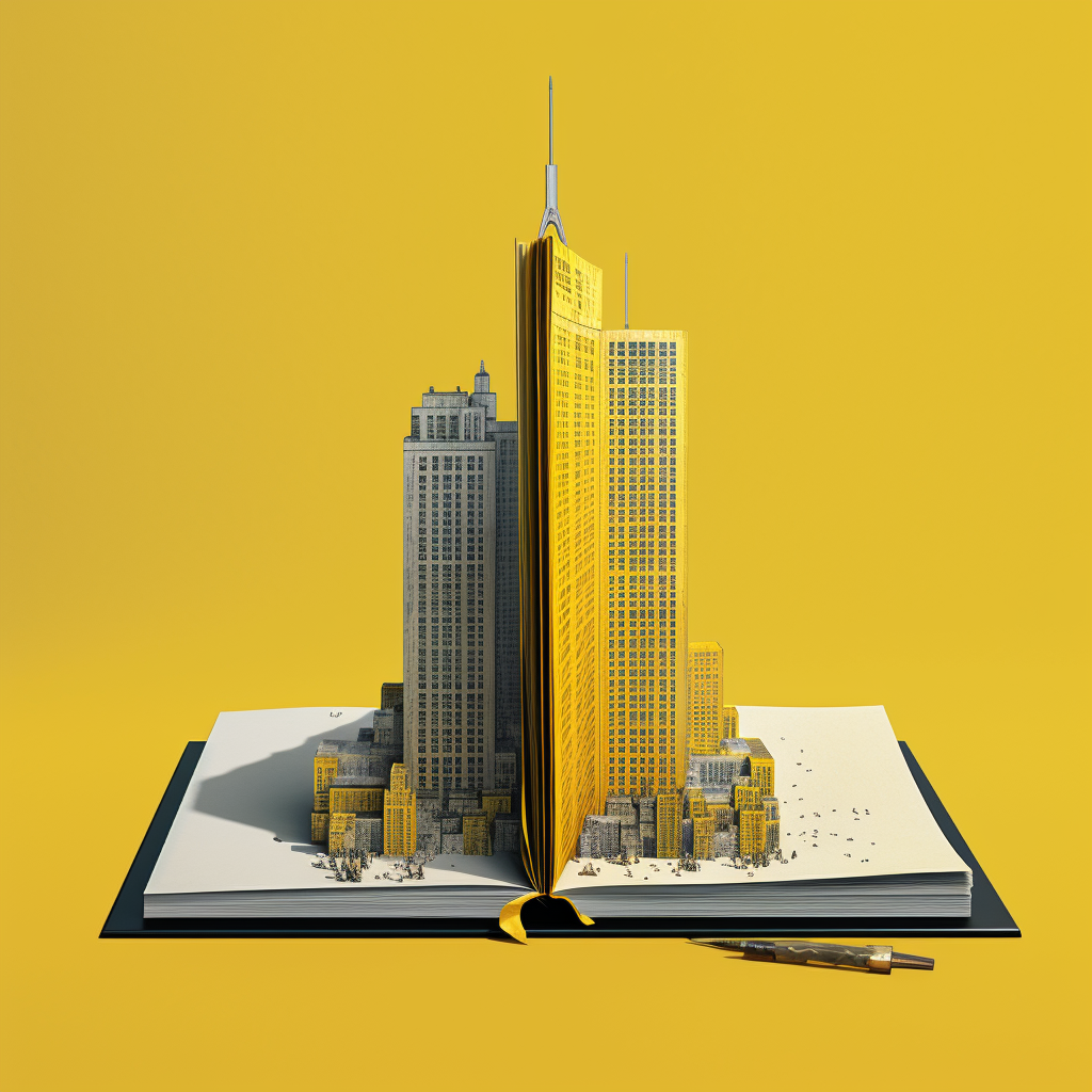 Skyscraper emerging from a book