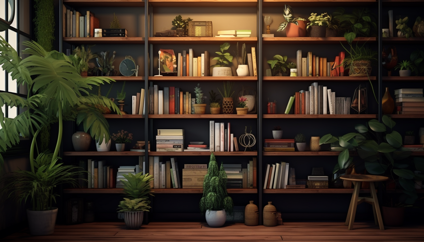 Ultrarealistic Bookcase Room with Plants, Flowers, and Objects