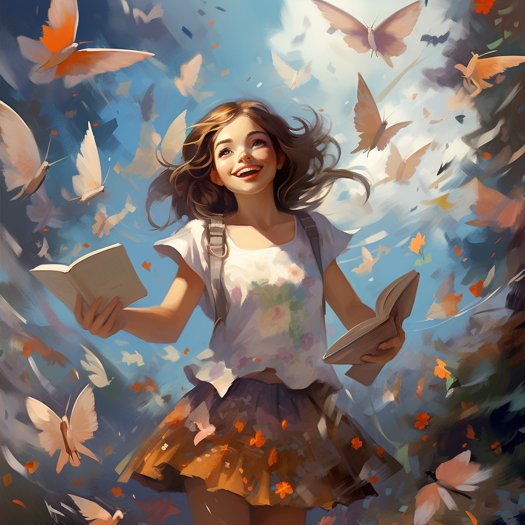 Girl surrounded by books, butterflies, and birds