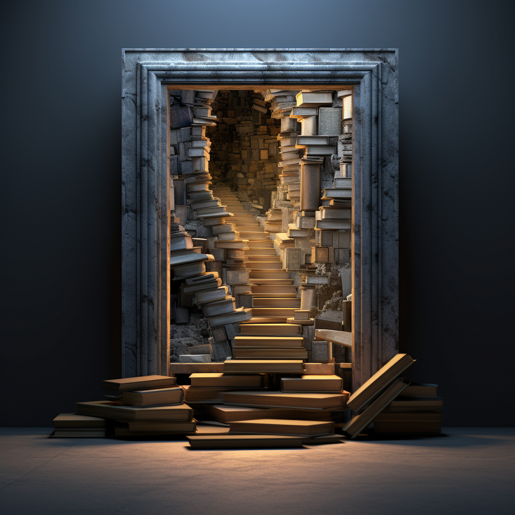 3D image of books with steps and an opening door