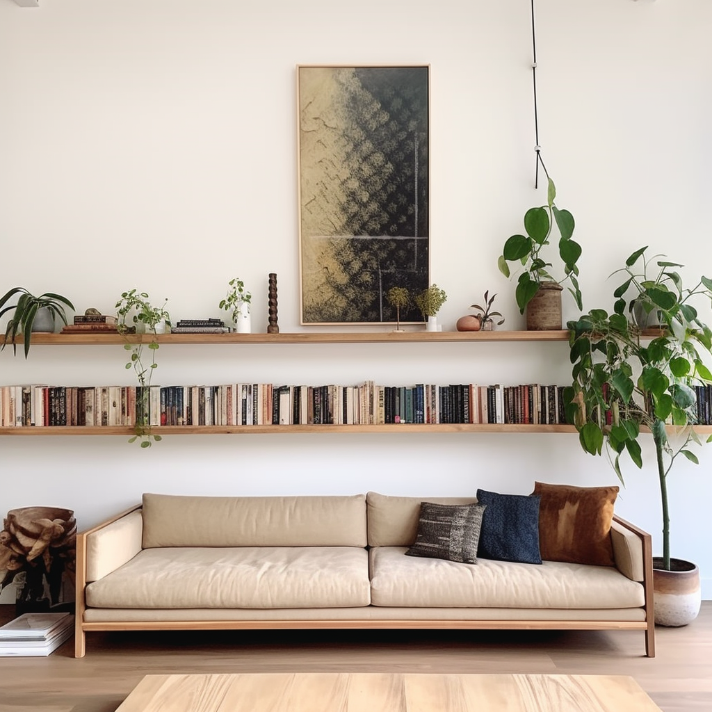 Modern bookshelf with plants, murano, and artwork