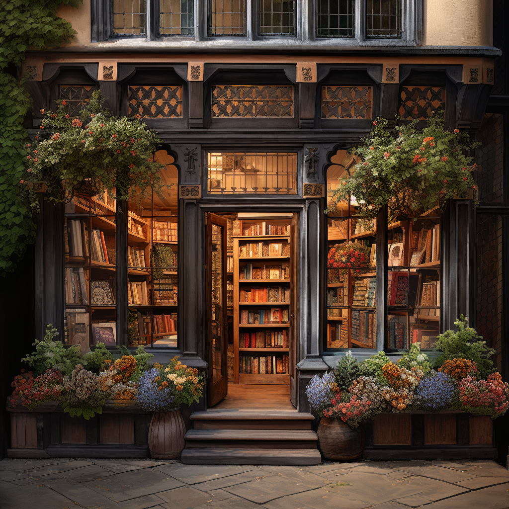 Charming bookshop storefront in English style