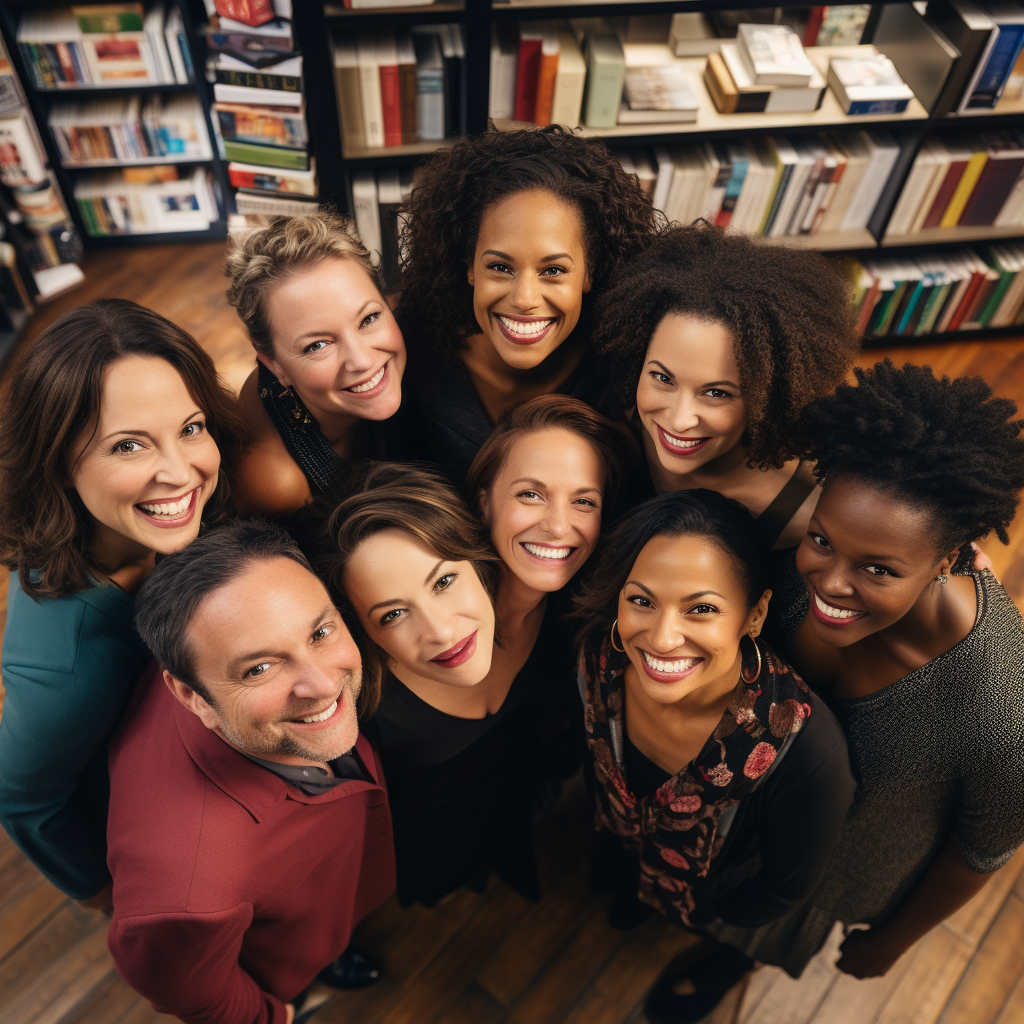 Friends having heartfelt group hug in bookstore