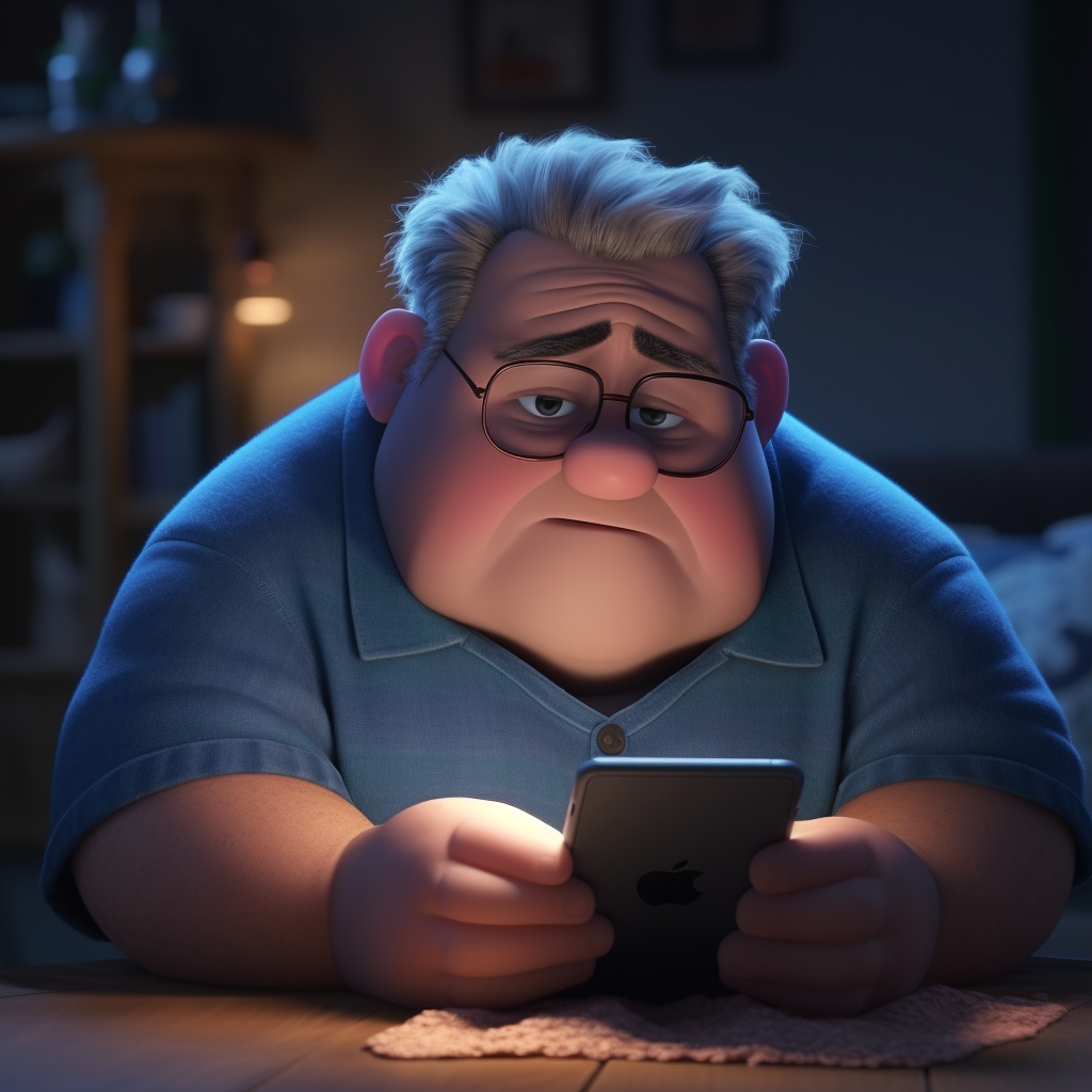 Overweight boomer addicted to his phone