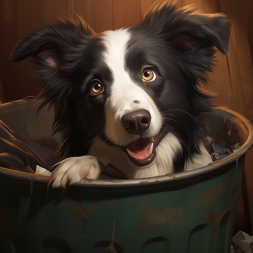 Curious border collie exploring a garbage can