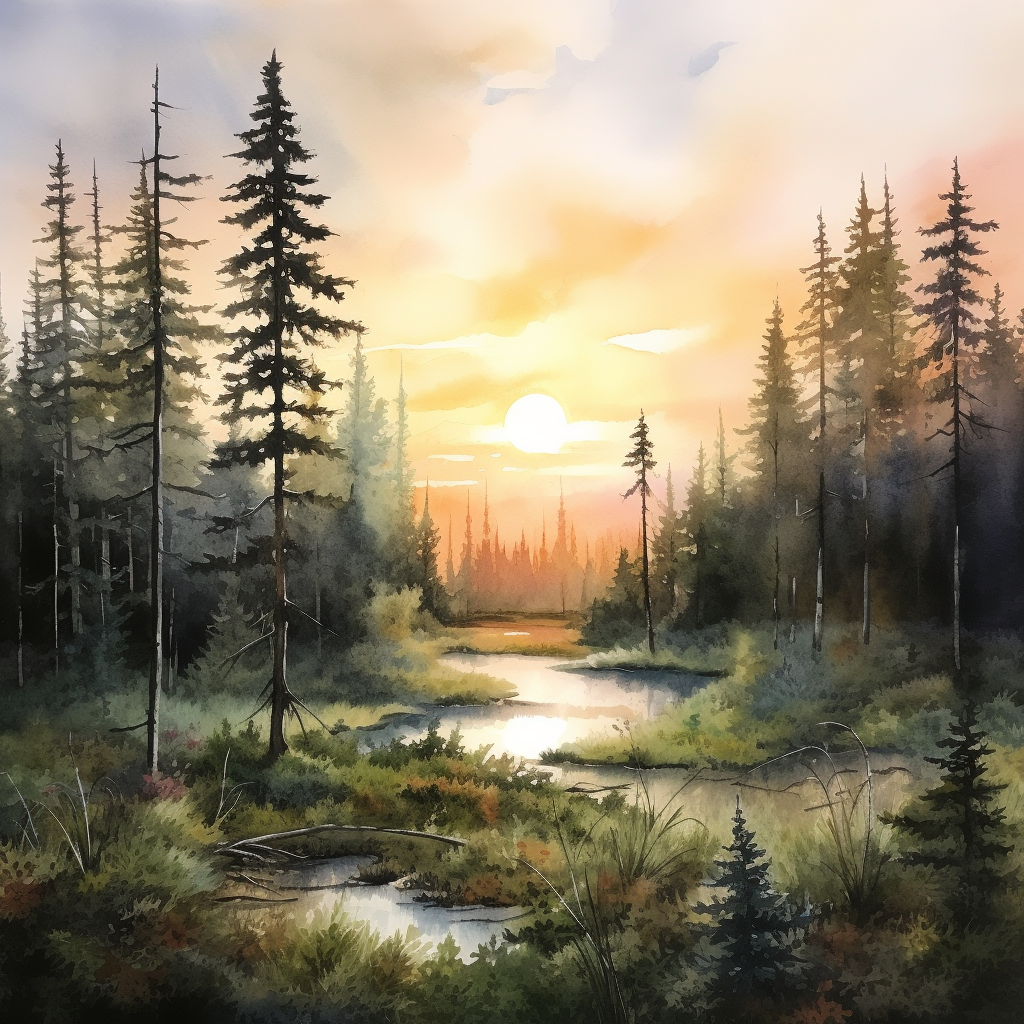 Watercolor Painting of Boreal Forest Morning