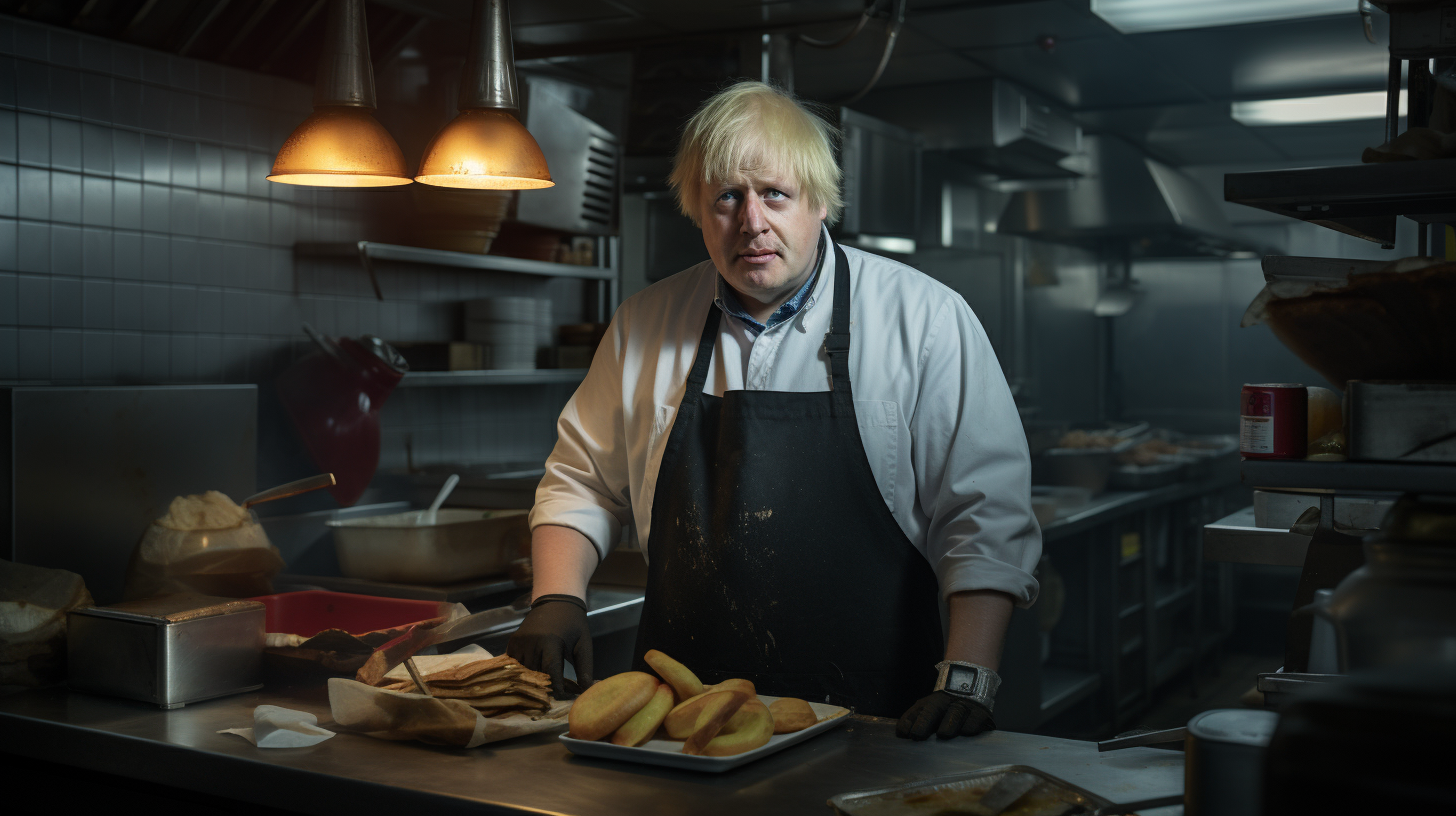 Boris Johnson wearing apron and hat serving burger