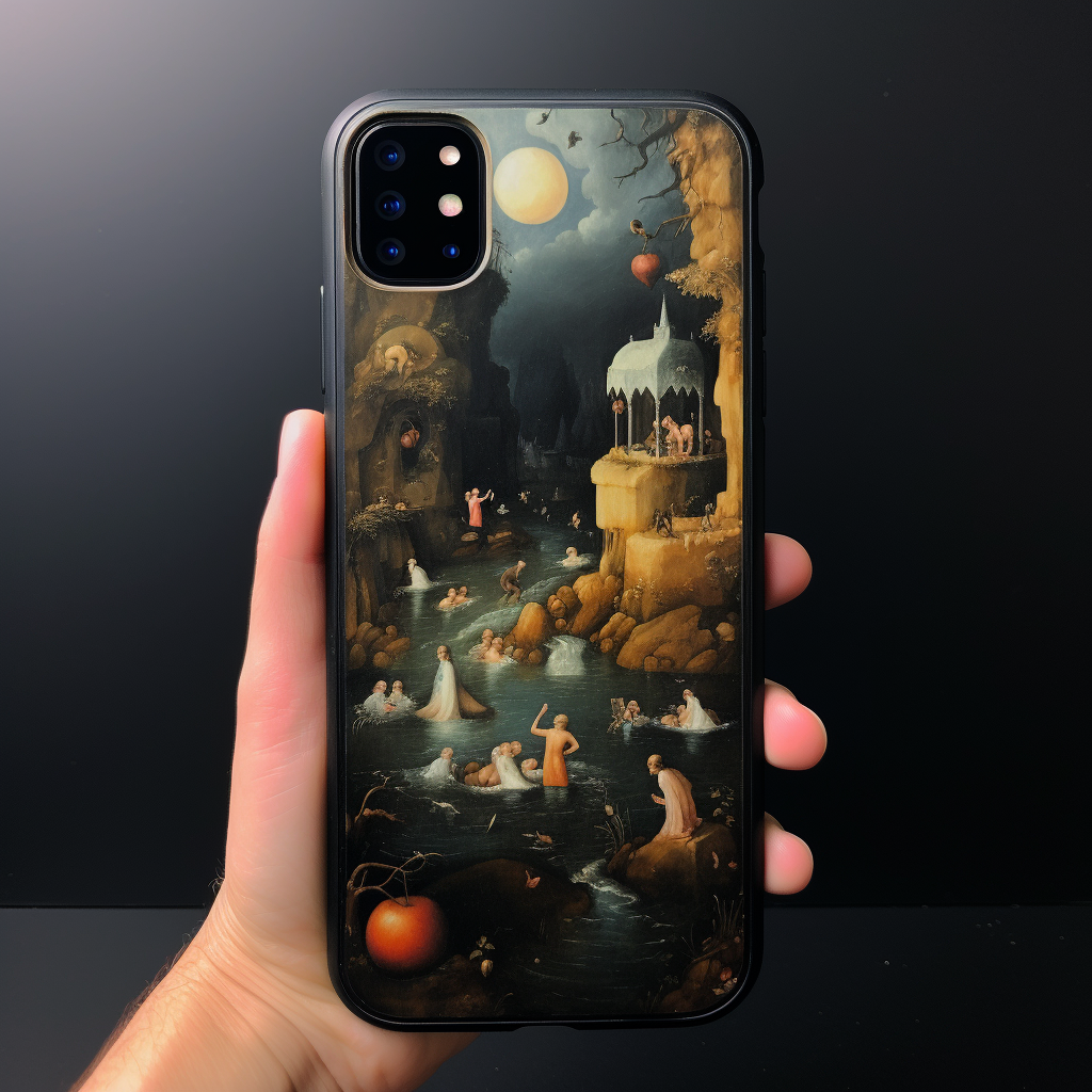 Back of iPhone in Bosch-inspired art