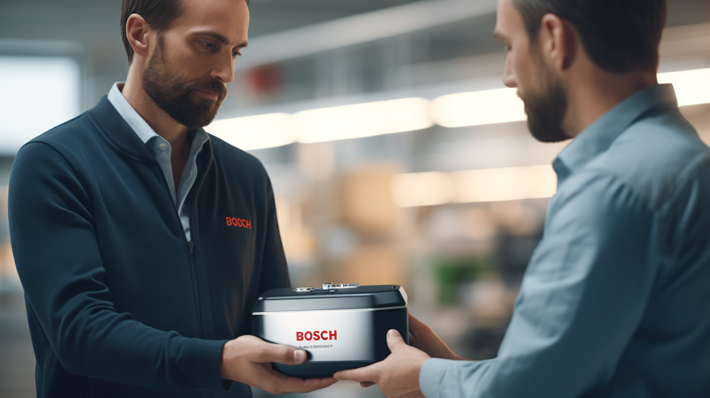 Bosch worker handing battery to another (6 words)