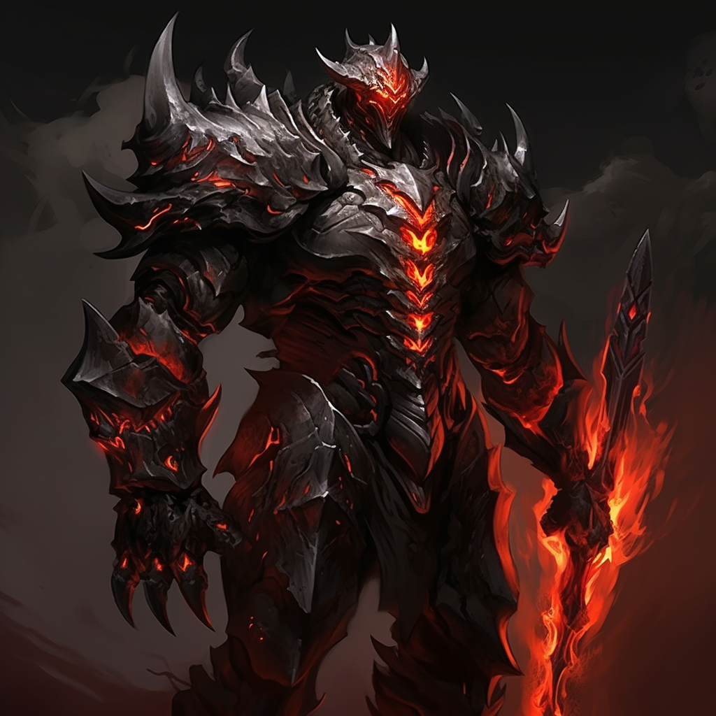 Boss character in battle-worn armor with fiery red eyes