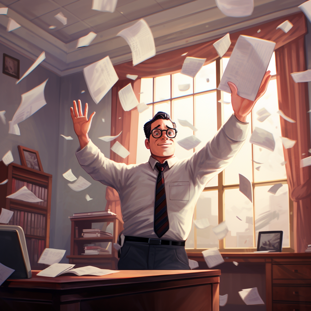 Image of boss waving papers in office