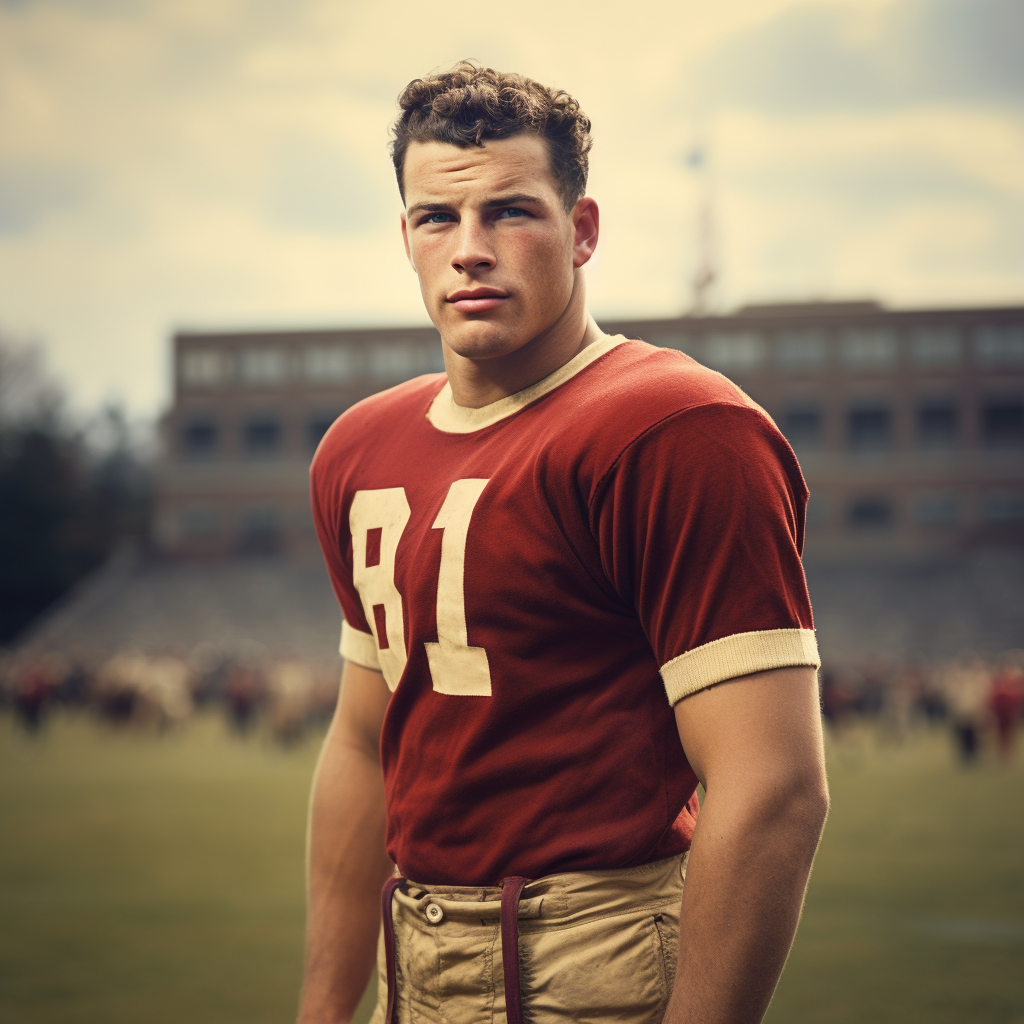 Vintage Boston College Football Player on Field 1948