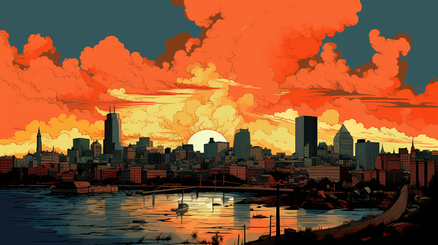 Boston global warming apocalyptic surreal 50s style depiction