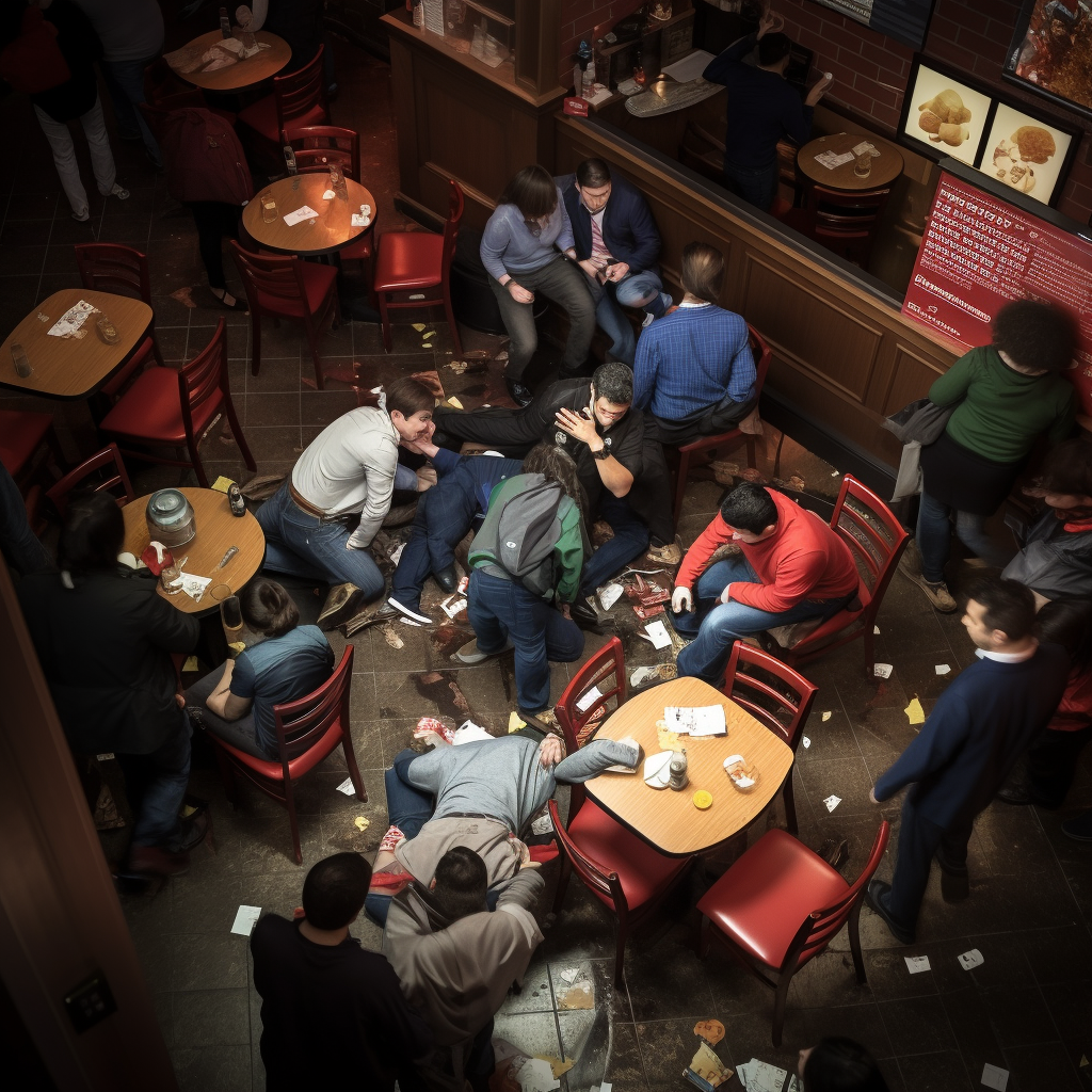 Concerned crowd surrounds collapsed person in Boston pizza restaurant