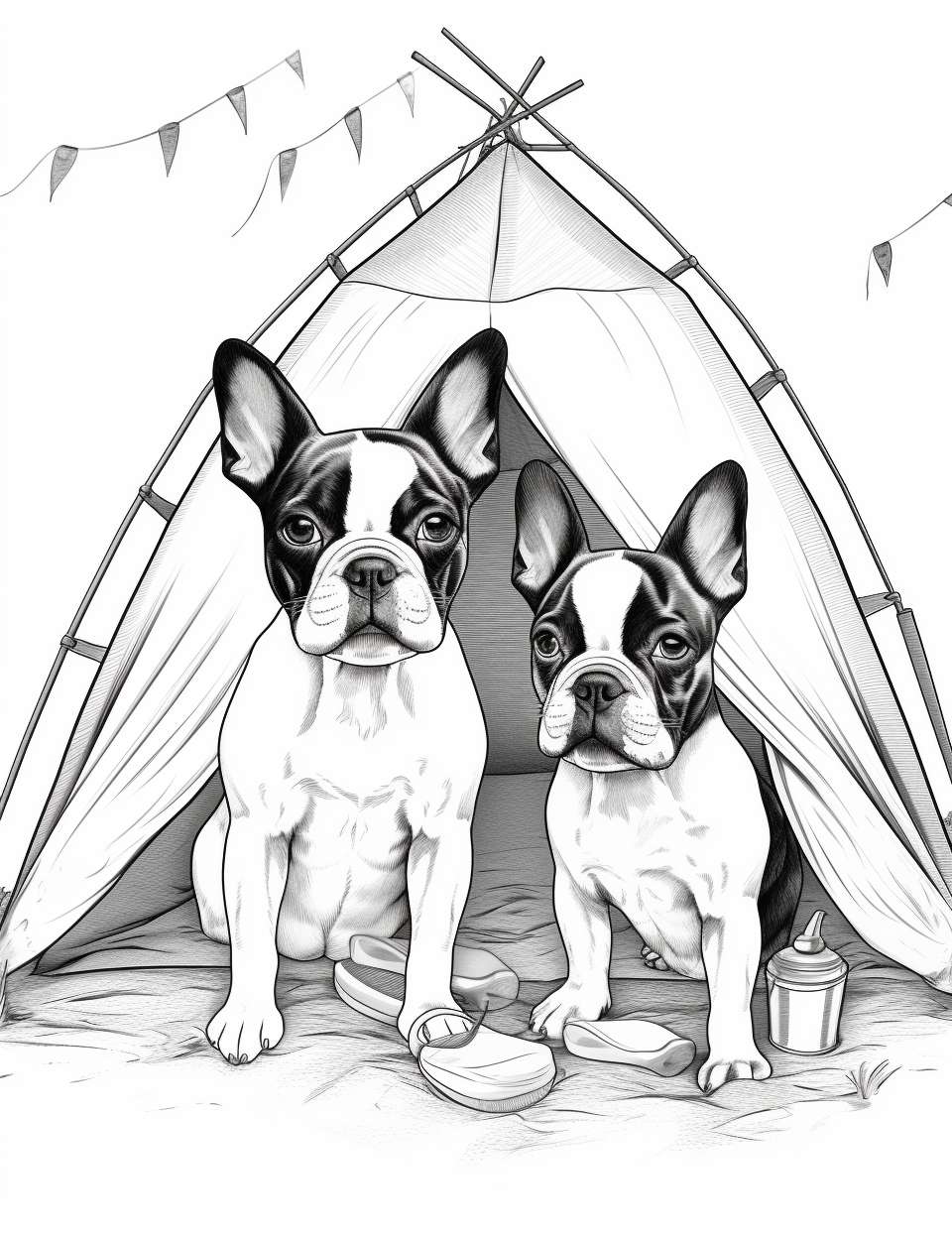 Two adorable Boston Terriers relaxing at the beach tent