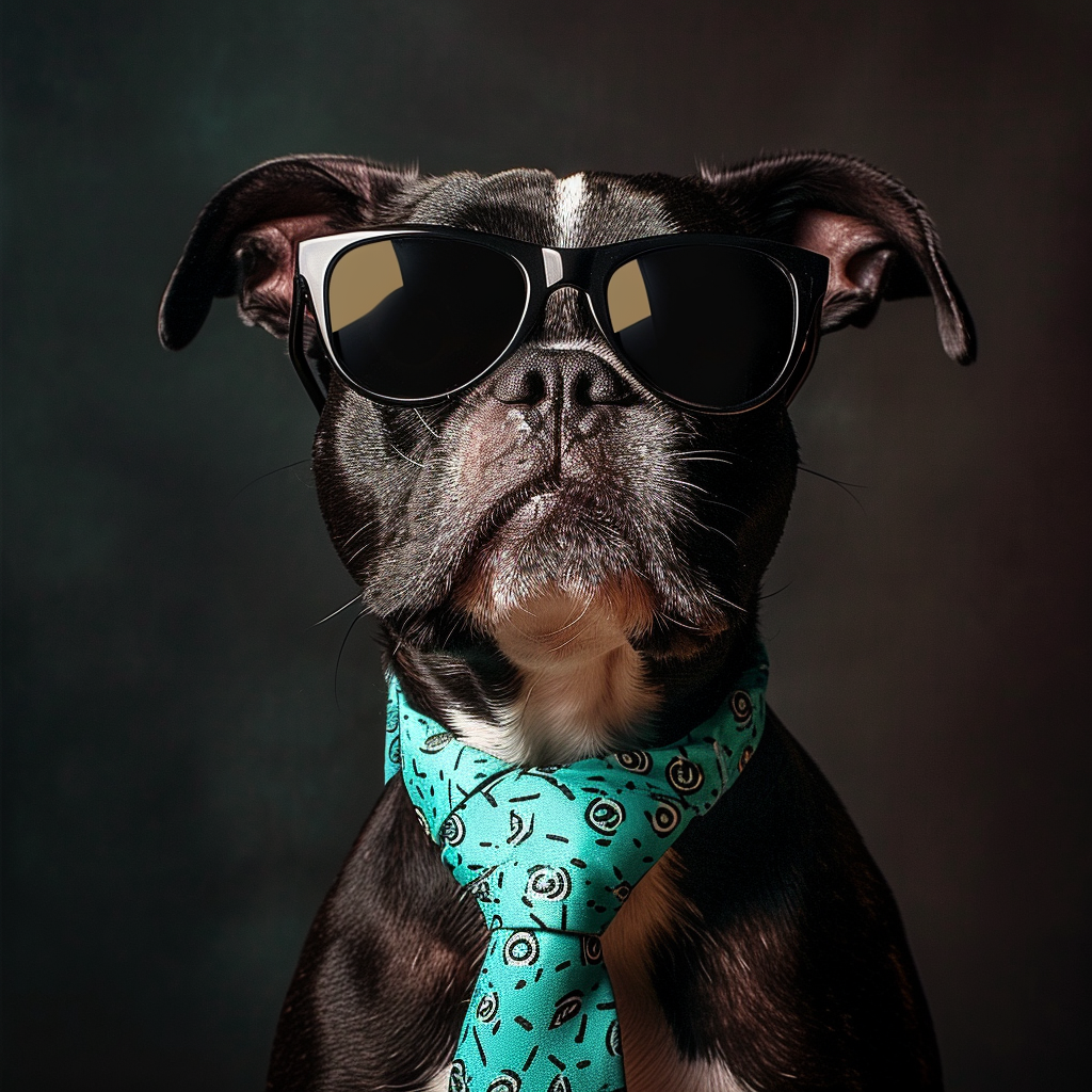 Boston Terrier Dog with Spy Sunglasses and Turquoise Tie