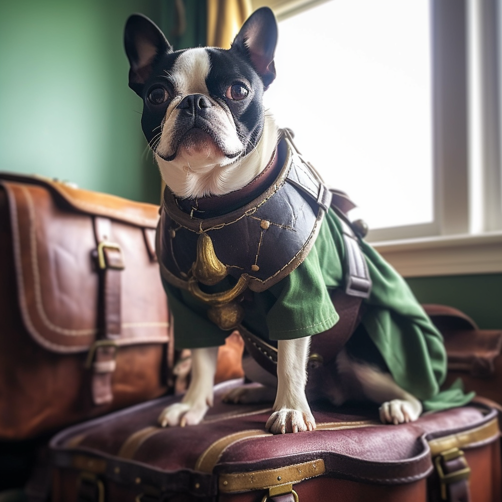 Boston Terrier dressed as Link from Zelda