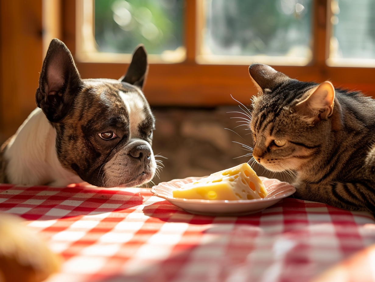 Boston Terrier and Mouse Eating Together