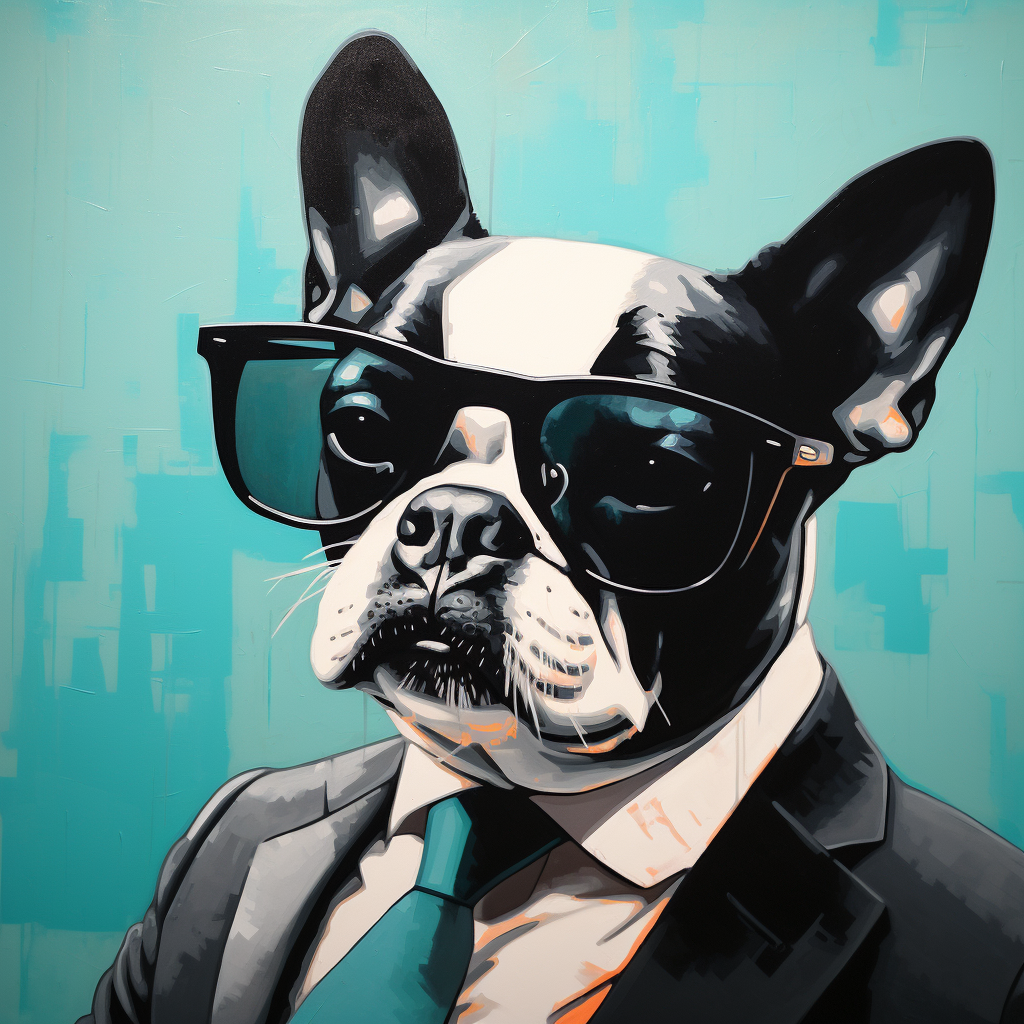 Boston Terrier with Spy Sunglasses and Turquoise Tie