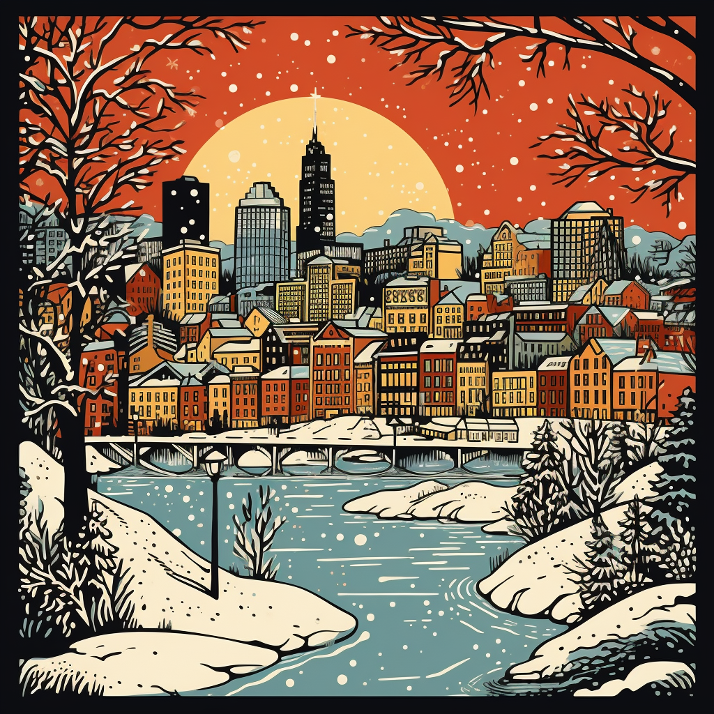 Boston, MA Woodblock Christmas Card