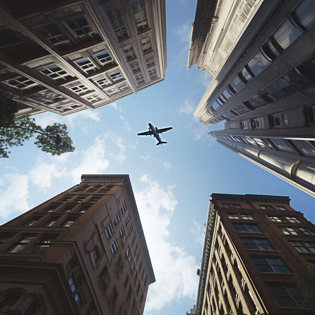 Plane flying over Boston skyscrapers