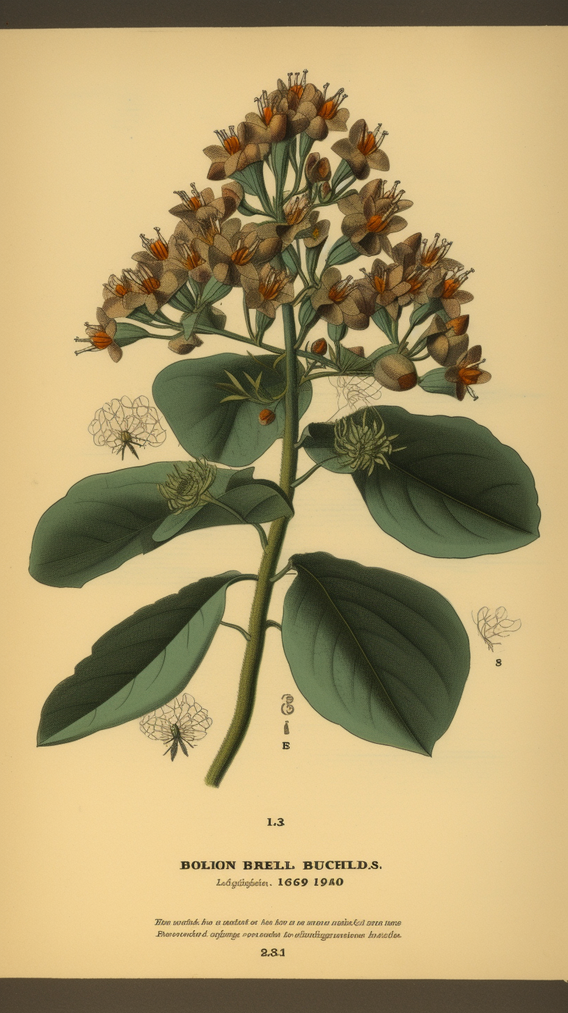 Detailed botanical illustration of Peumus Boldus