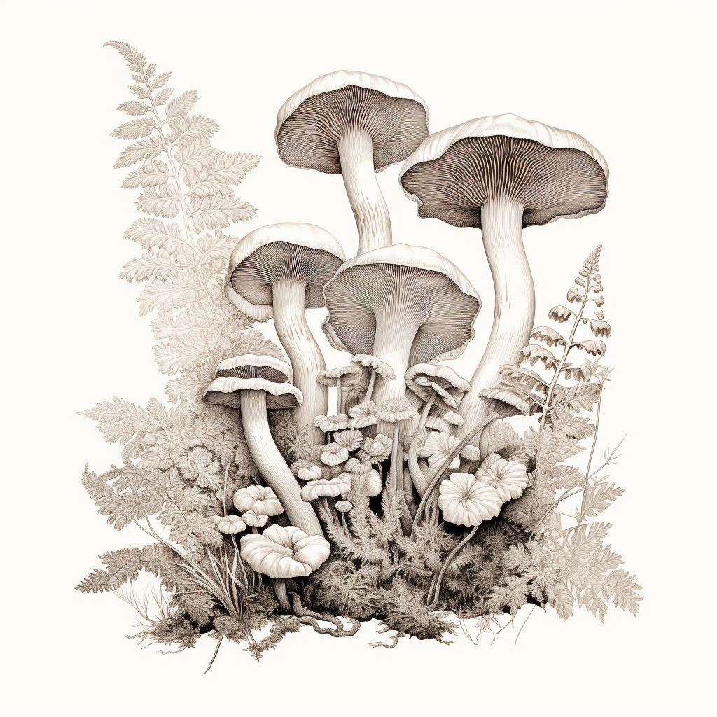 Botanical line drawing of fern and mushrooms