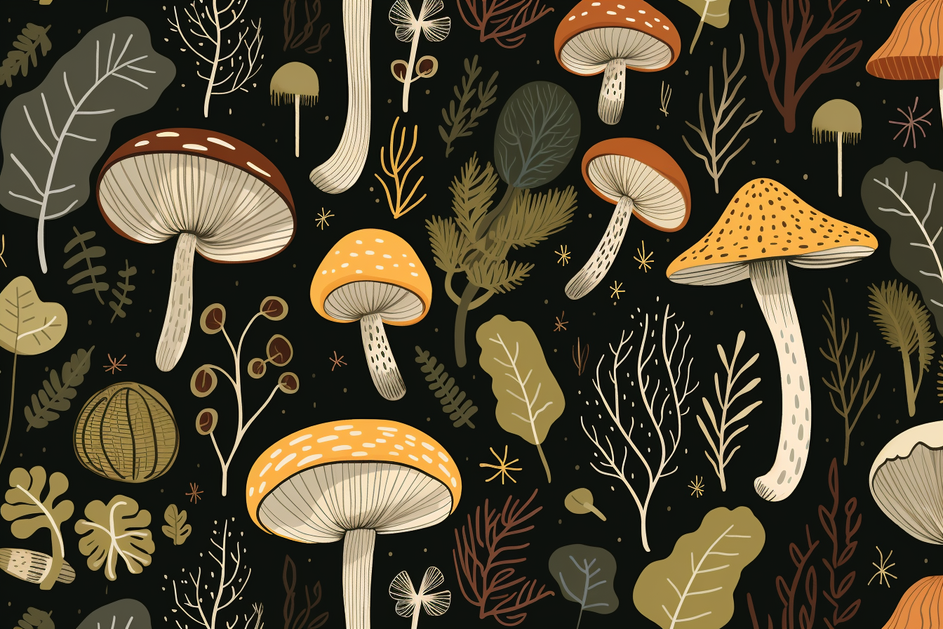 Botanical mushrooms and berries pattern in olive and brown