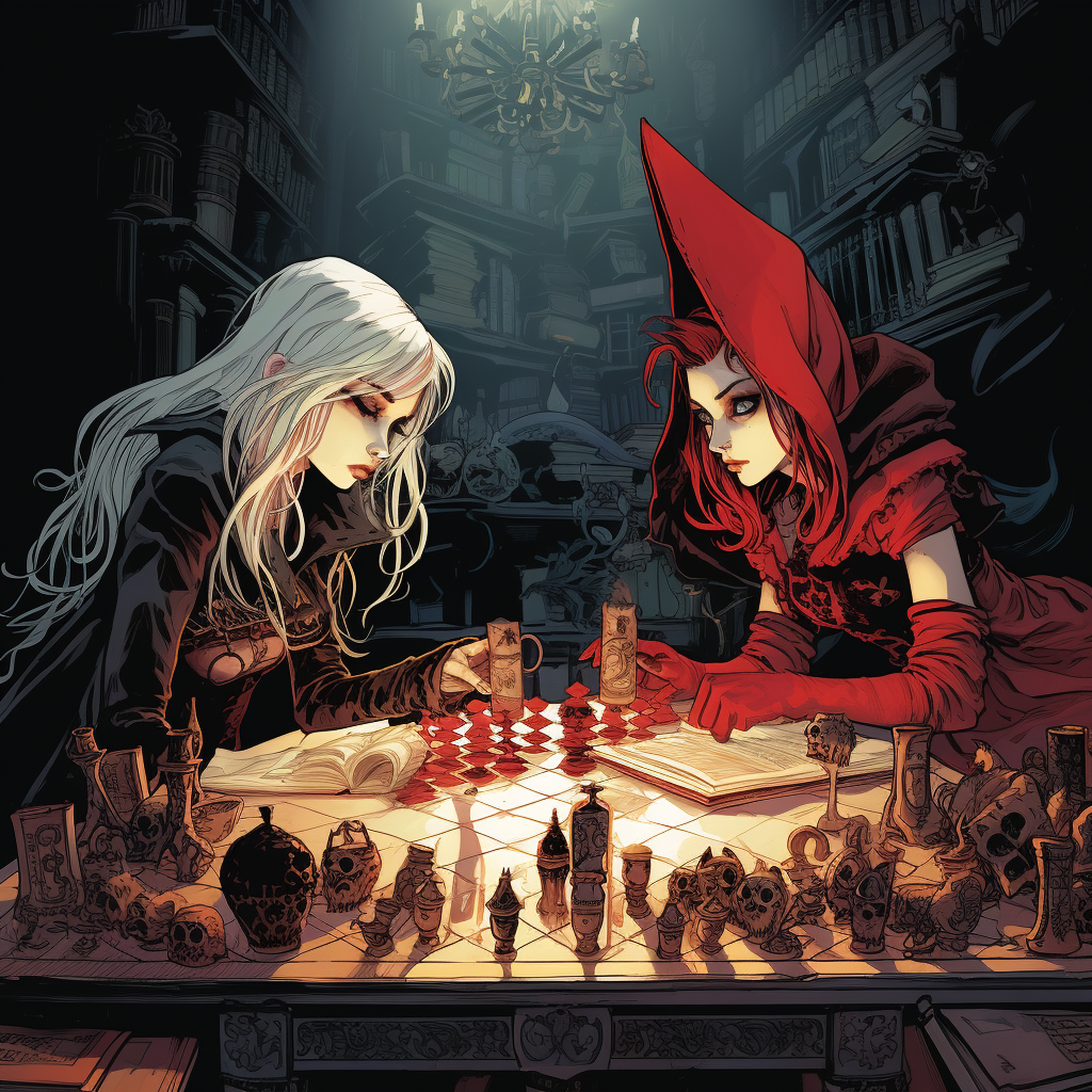 Two chess-playing sisters in a wizards' study