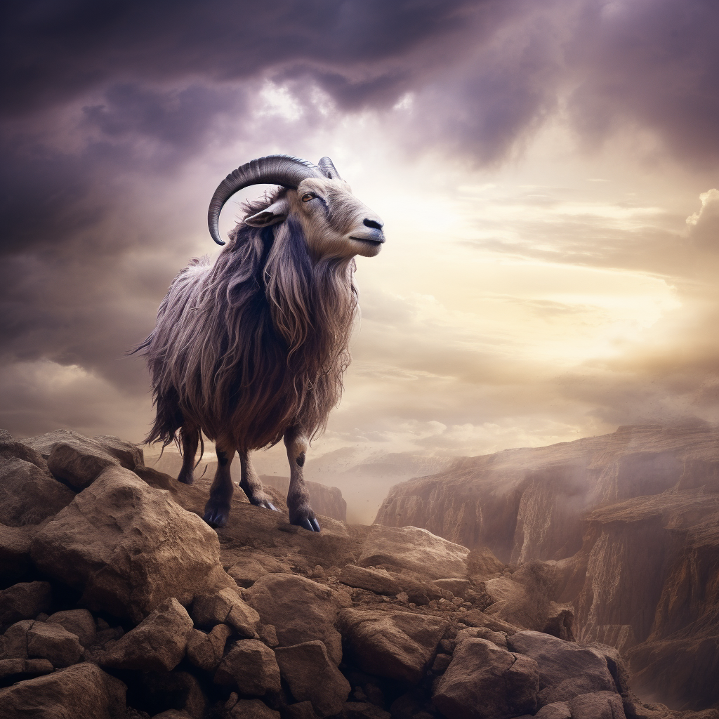 Mystical goat overlooking rocky desert cliff