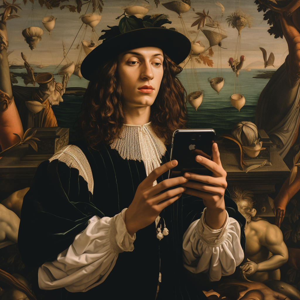 Sandro Botticelli taking a selfie with iPhone