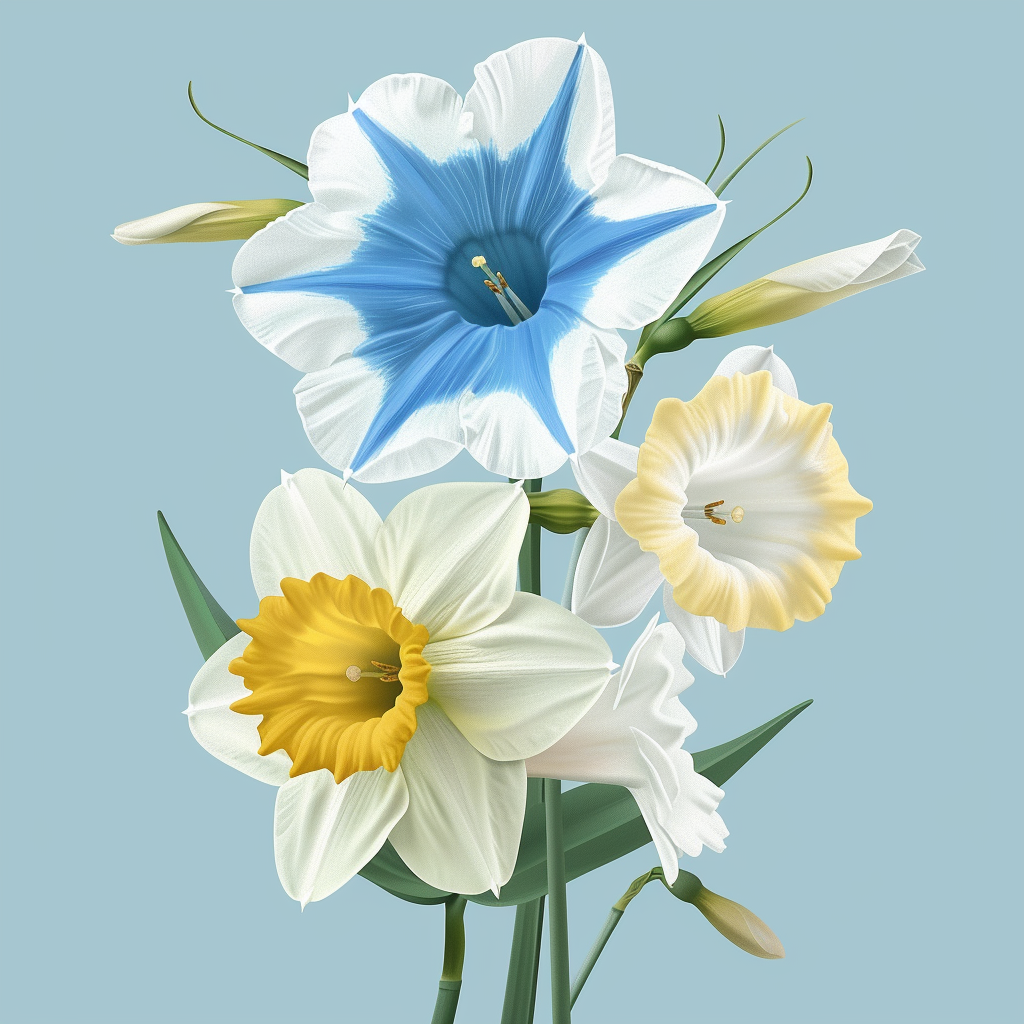 Minimalistic bouquet of daffodils and morning glory