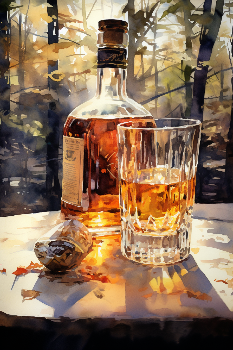 Watercolor bourbon bottle and glass artwork