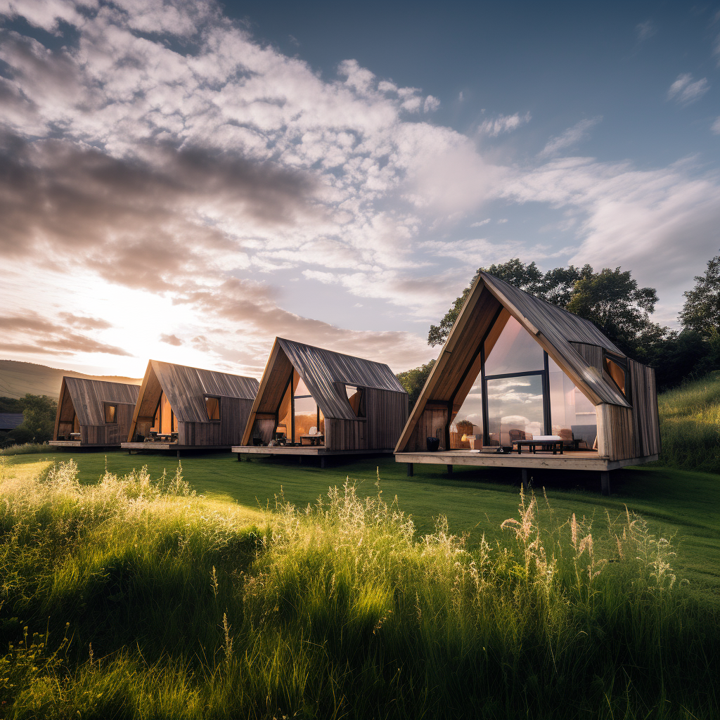 Individual cabins on boutique hotel grass field