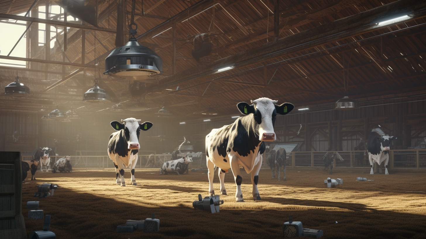 Realistic Bovine Farm Shed with Robots and Cows