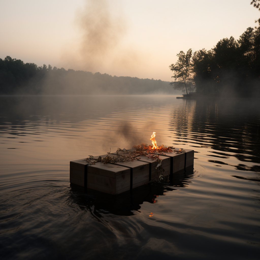 Beautiful bow-tied box on dock with lake and smoke