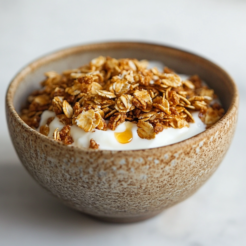 bowl of golden granola with vanilla yogurt and honey