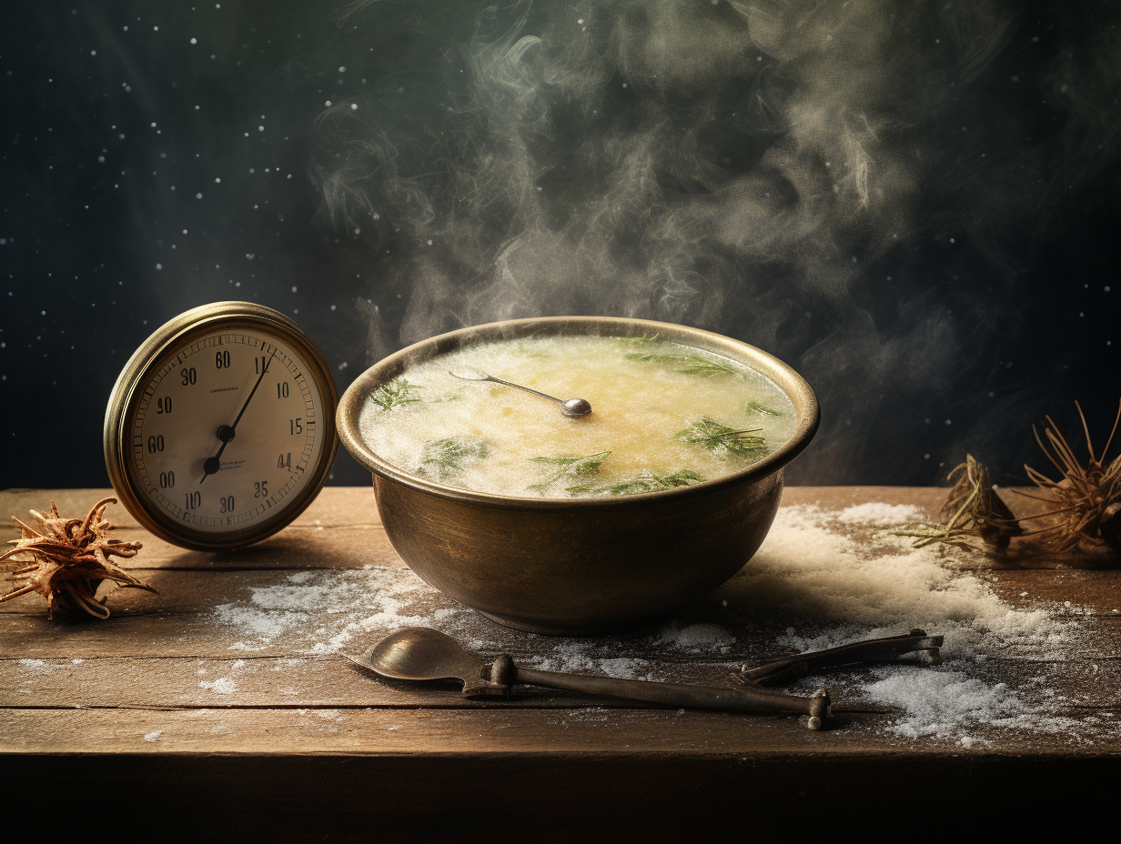 Bowl of hot soup with thermometer and snowflake