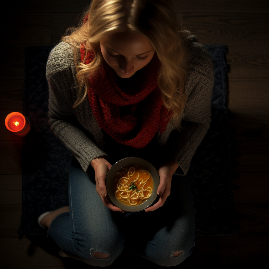 Woman about to have dinner with bowl of soup