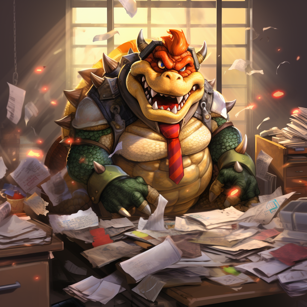 Clumsy Bowser struggling with his office tasks.