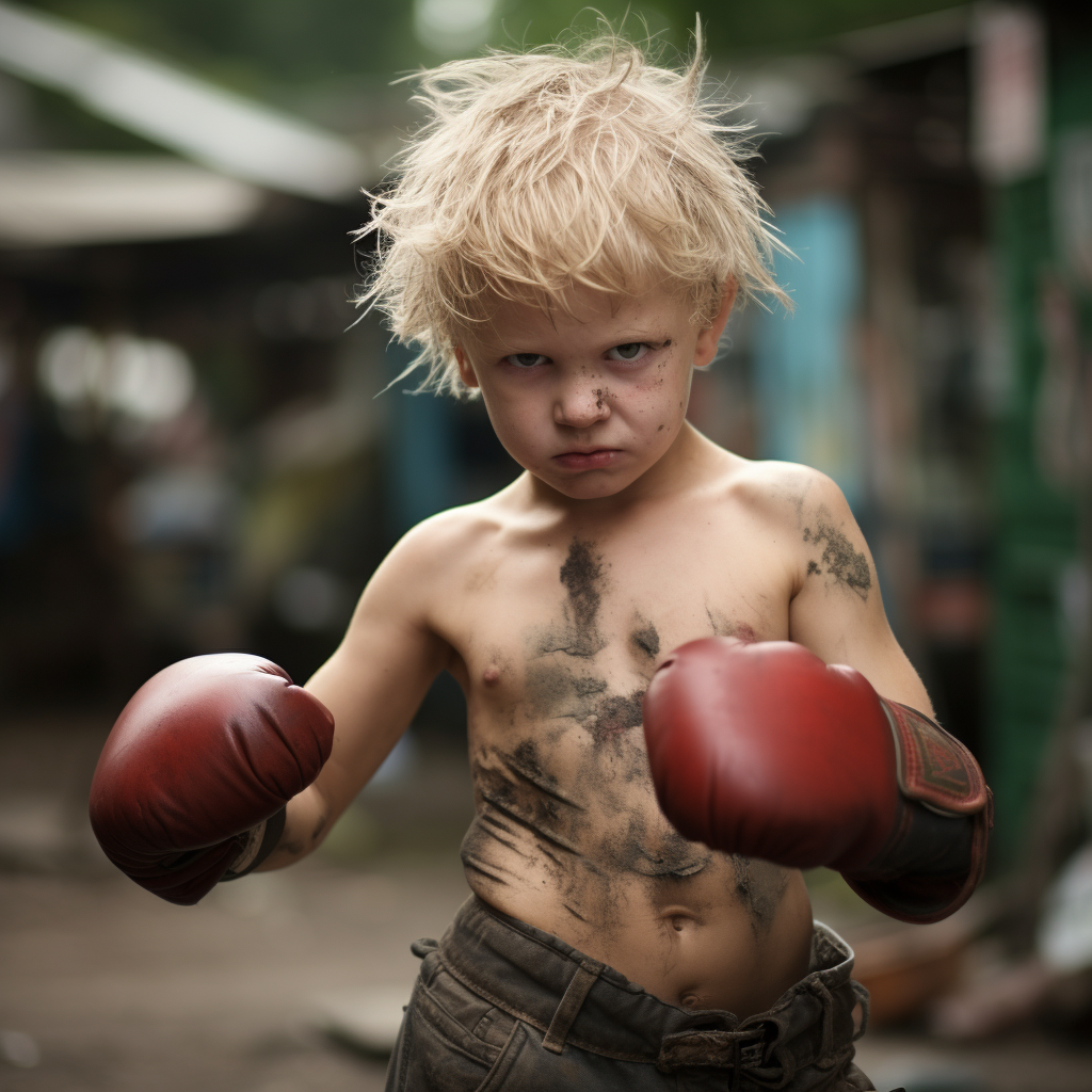 Blonde toddler boy boxing with enthusiasm