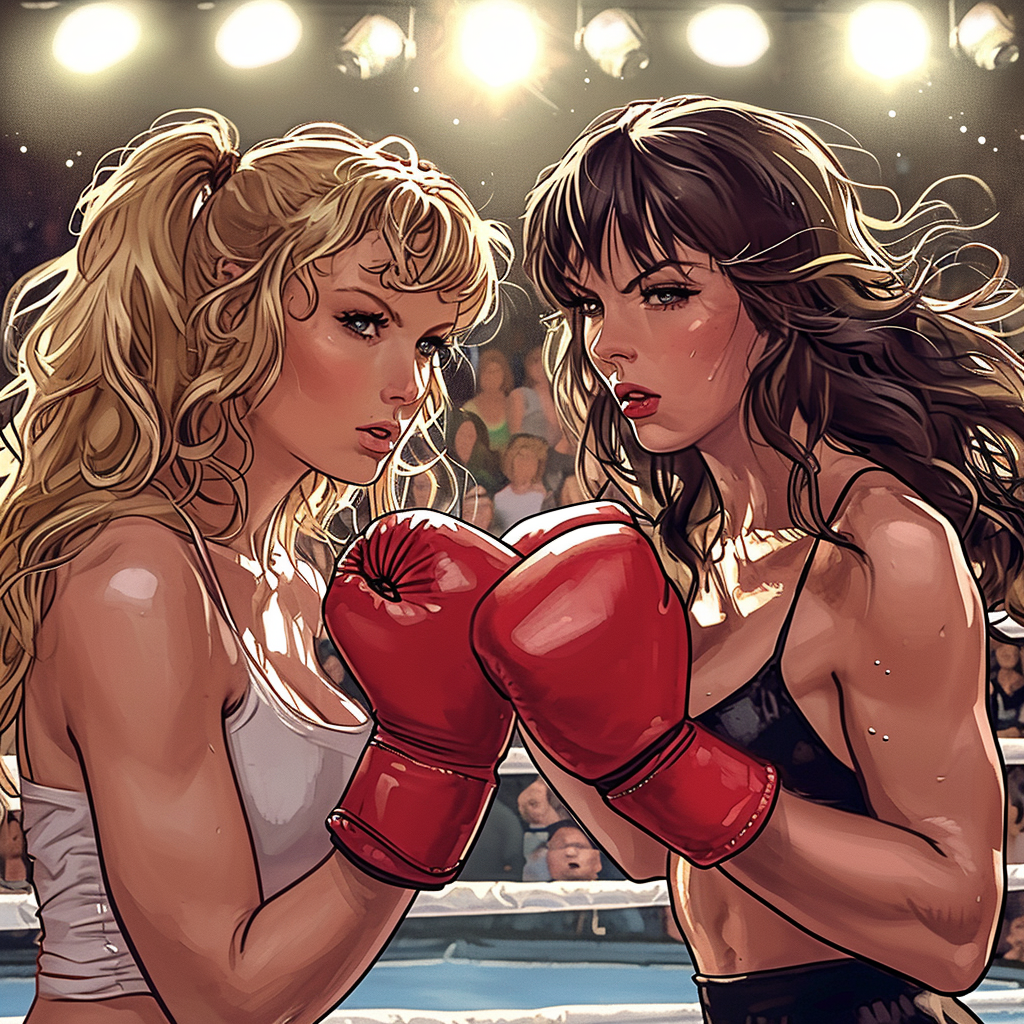 Illustration of Taylor Swift, Britney Spears, and Shakira in a boxing match