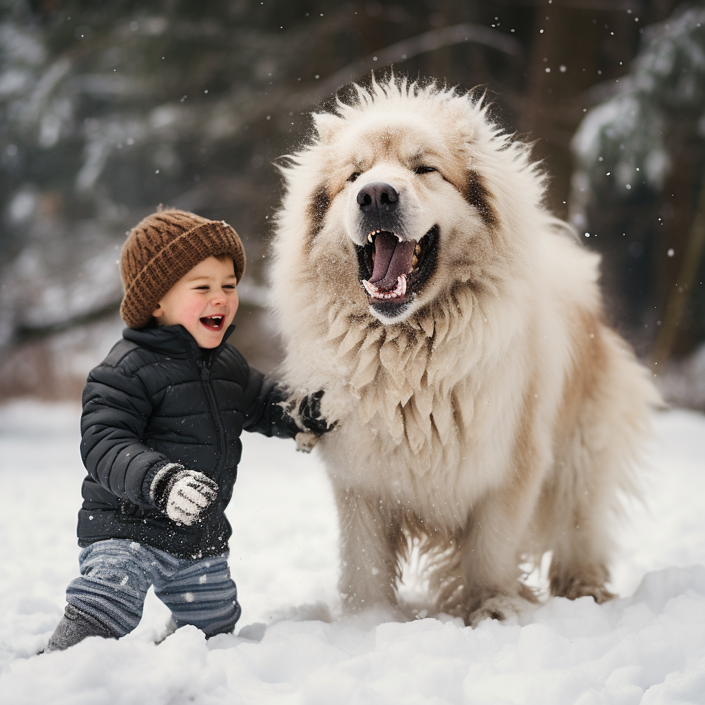 Boy and Australian Shepherd playing in the snow